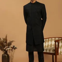 SHRESTHA BY VASTRAMAY Men Black Printed Slim-Fit Sherwani Set-picture-31