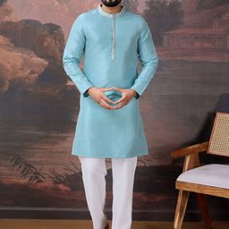 House of Pataudi Mandarin Collar Mirror Work Jacquard Straight Kurta-52