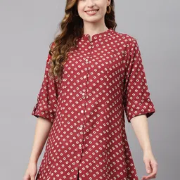 Divena Maroon & White Geometric Print Mandarin Collar Roll-Up Sleeves Shirt Style Top-picture-15