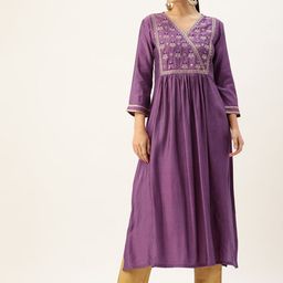 all about you Purple Floral Yoke Design V-Neck Thread Work A-Line Kurta-picture-21