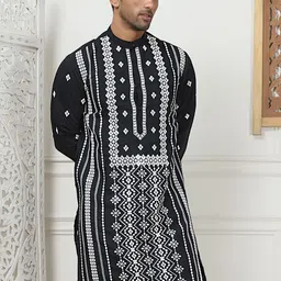 Jompers Geometric Embroidered Mandarin Collar Thread Work Straight Cotton Silk Kurta-picture-38