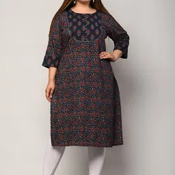 KALINI Plus Size Floral Printed Gotta Patti Cotton Straight Kurta-picture-12
