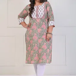 KALINI Plus Size Floral Printed Round Neck Cotton Straight Kurta-4