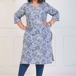 KALINI Plus Size Floral Printed Round Neck Cotton Straight Kurta-picture-16