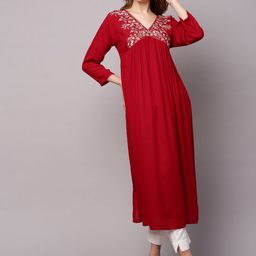 KALINI Floral Yoke Design V-Neck Thread Work Detailed Empire Straight Kurta-image-43