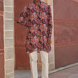 QB MEN Floral Printed Silk Kurta-image-2
