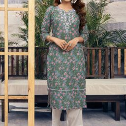 KALINI Women Printed Keyhole Neck Flared Sleeves Floral Kurta-image-3