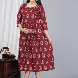 ao services Ethnic Motifs Printed Gathered Cotton Maternity Fit and Flare Ethnic Dresses-image-72