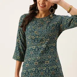 SHOWOFF Women Teal Ethnic Motifs Printed Floral Kurta-image-78