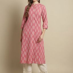 Pistaa Mandarin Collar Ethnic Motifs Printed Straight Pure Cotton Kurta-picture-16