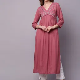 KALINI Floral Yoke Design V-Neck Thread Work Detailed Empire Straight Kurta-image-81