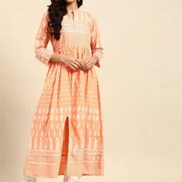 RANGMAYEE Women Orange Ethnic Motifs Printed Cotton Anarkali Kurta-image-68