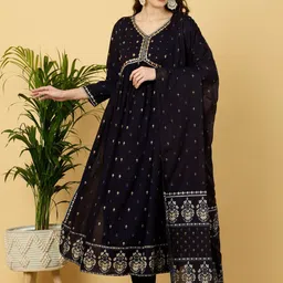 KALINI Ethnic Motifs Embroidered Thread Work Anarkali Kurta With Trousers & Dupatta-picture-16