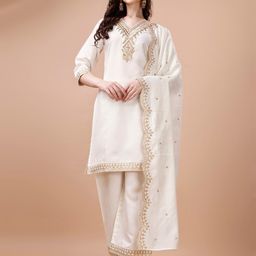 KALINI Embroidered V Neck Three-Quarter Sleeves Kurta with Palazzos & With Dupatta-37