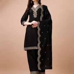 KALINI Embroidered V Neck Three-Quarter Sleeves Kurta with Palazzos & With Dupatta-picture-31