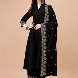 KALINI Ethnic Motifs Zari Embroidered Band Collar Anarkali Kurta With Palazzo & Dupatta-17