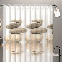 Kuber Industries 3-Pcs White & Grey StonePrinted Quick Dry Shower Curtains With 12 Rings-21