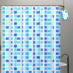 Kuber Industries 3-Pcs Blue & White Block Printed Quick Dry Shower Curtains With 12 Rings-31