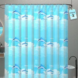 Kuber Industries 2-Pcs Blue & White Shark Printed Quick Dry Shower Curtains With 12 Rings-89