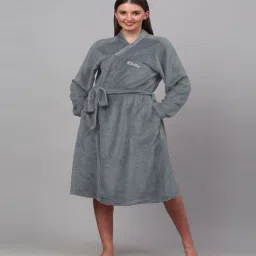 klotthe Grey Solid Woolen Women Bath Robe With Belt (L)-picture-27
