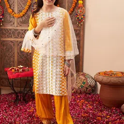 Cherry & Jerry Girls Ethnic Motifs Embroidered Chikankari Pure Cotton Kurta Set-image-34