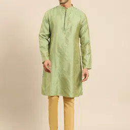 Amodh by Kisah Men Lime Green Thread Work Jacquard Kurta-picture-6