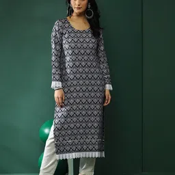 AKS Ethnic Motifs Printed Round Neck Long Sleeves Crepe Straight Kurta-picture-1
