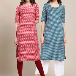 KALINI Women Pack Of 2 Pink & Teal Printed Crepe Straight Kurta-picture-26