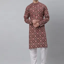 NEUDIS Men Maroon Printed Khadi Kurta-image-99