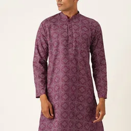 Armaan Ethnic Block Printed Mandarin Collar Cotton Linen Straight Kurta-70