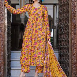 MANOJAVA Floral Printed V-Neck Empire Pure Cotton Kurta With Trouser With Dupatta-picture-30