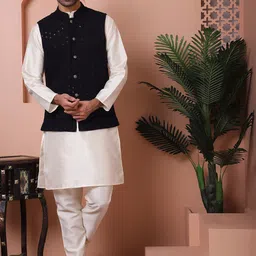 Anouk Black Mandarin Collar Sequinned Straight Kurta with Pyjamas & Nehru Jacket image 1