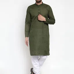 Jompers Men Olive Green Chikankari Pure Cotton Kurta with Pyjamas-image-97