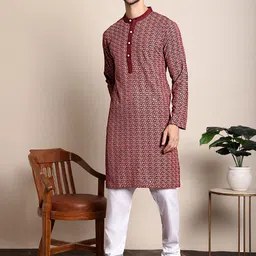 Anouk Men Maroon Floral Embroidered Chikankari Kurta with Pyjamas-image-63