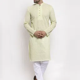 Jompers Men Green Ethnic Motifs Embroidered Chikankari Pure Cotton Kurta with Pyjamas-picture-4