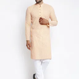 Jompers Men Orange Ethnic Motifs Embroidered Chikankari Pure Cotton Kurta with Pyjamas-image-50