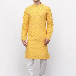 Jompers Men Mustard Yellow Floral Embroidered Chikankari Dupion Silk Kurta with Pyjamas-picture-37