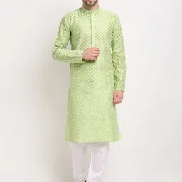 Jompers Men Green Ethnic Motifs Embroidered Chikankari Dupion Silk Kurta with Pyjamas-picture-11