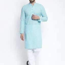 Jompers Men Sky Blue & White Printed Chikankari Pure Cotton Kurta with Churidar-image-51