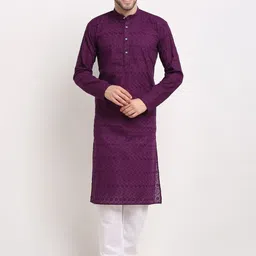 Jompers Men Purple Embroidered Chikankari Pure Cotton Kurta with Pyjamas-image-96
