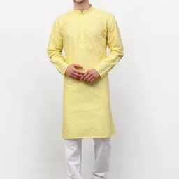Jompers Men Yellow Ethnic Motifs Printed Chikankari Dupion Silk Kurta with Churidar-picture-14