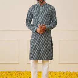 Jompers Embroidered Mandarin Collar Chikankari Pure Cotton Kurta with Pyjamas-picture-33
