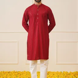 Jompers Striped Embroidered Mandarin Collar Sequinned Chikankari Kurta with Trousers-image-71