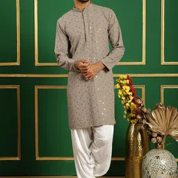Jompers Ethnic Motifs Embroidered Mandarin Collar Sequinned Pure Cotton Kurta with Salwar-image-35