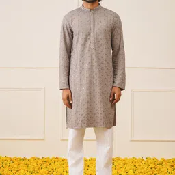 Jompers Geometric Embroidered Mandarin Collar Sequinned Pure Cotton Kurta with Trousers-picture-7