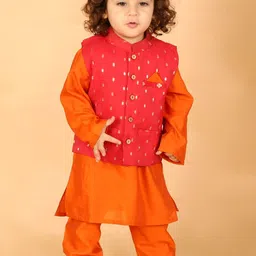 KID1 Boys Mandarin Collar Straight Kurta & Pyjamas with Waistcoat-24