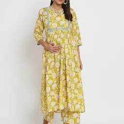 Aujjessa Maternity Floral Printed Lace Detail A-Line Pure Cotton Kurta with Palazzos-picture-16