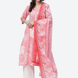 Biba Women Pink Floral Printed Pure Cotton Kurta with Palazzos & With Dupatta-image-78