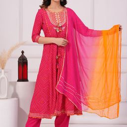 TOULIN Bandhani Printed Anarkali Kurta with Trousers & Dupatta-image-9