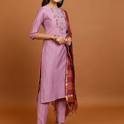 Vishudh Mauve Floral Embroidered Kurta with Trousers & With Dupatta-picture-58